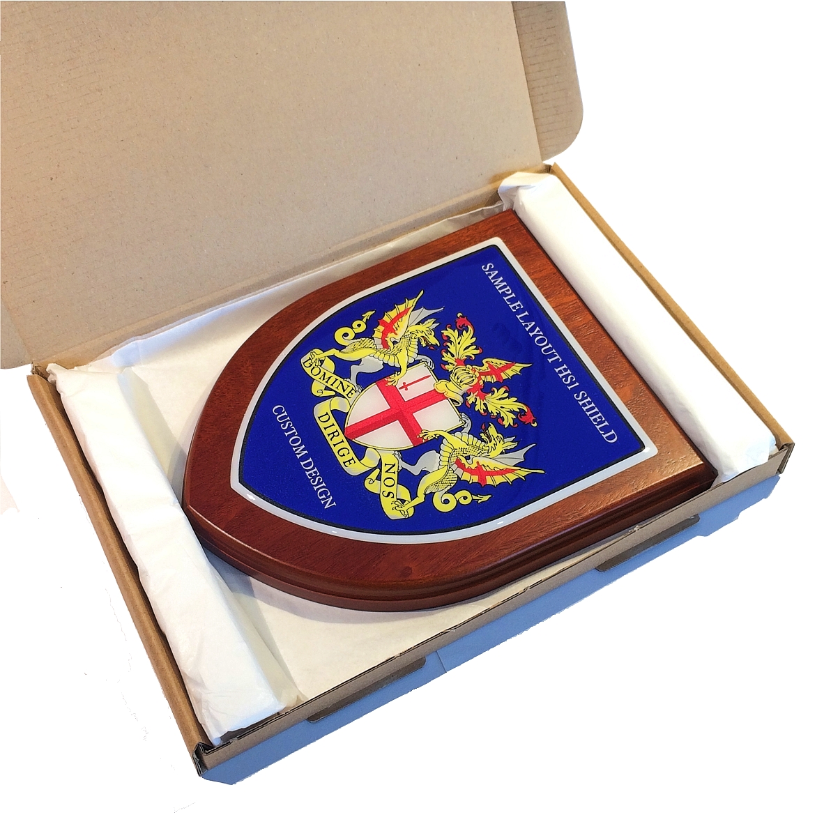Presentation shield with large shield shaped centrepiece.