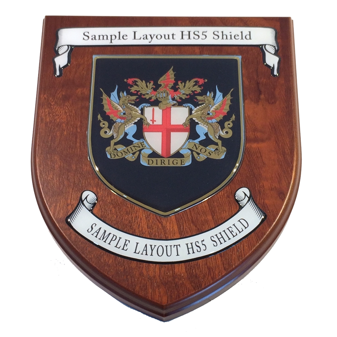 Presentation shield with shield shaped centrepiece and two seperate scrolls.