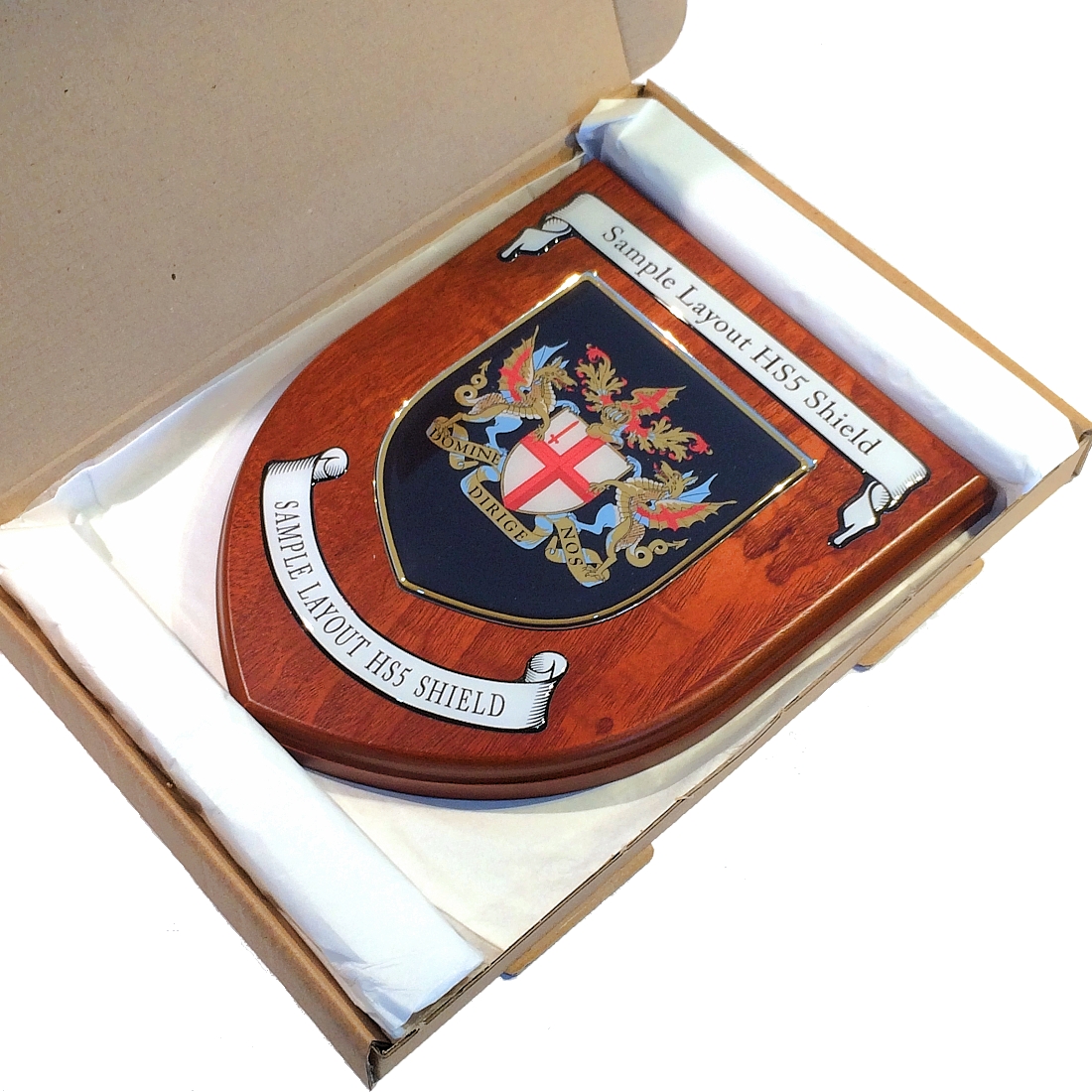 Presentation shield with shield shaped centrepiece and two seperate scrolls.