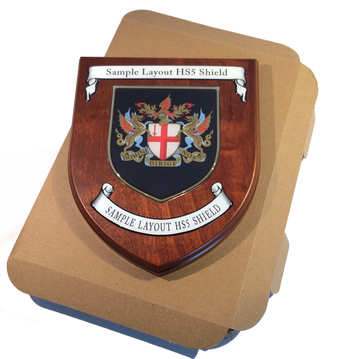 Presentation shield with shield shaped centrepiece and two seperate scrolls.